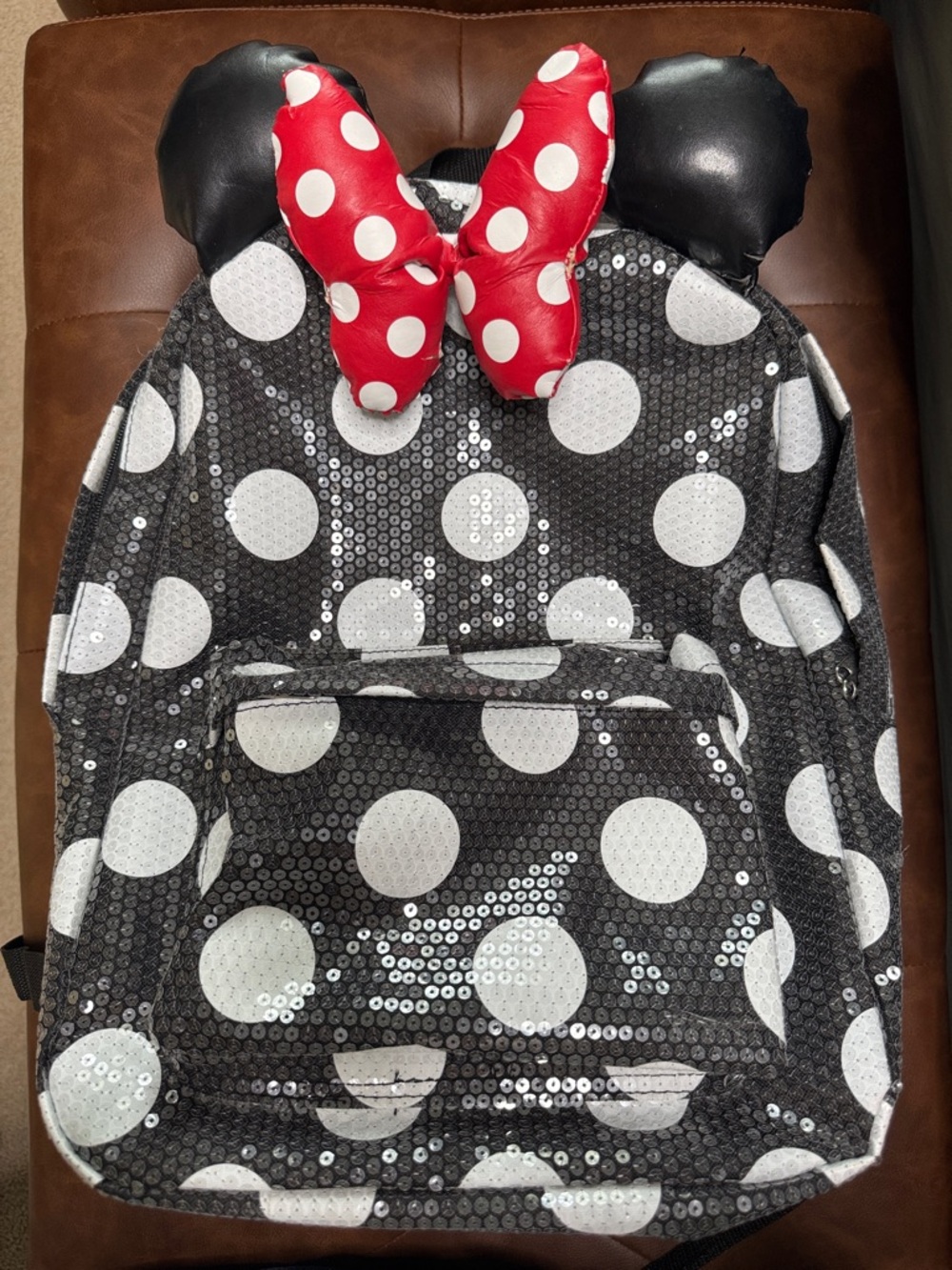 Authentic Disney Polka Dot Sequin Backpack with Red Bow and Ears